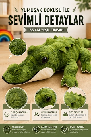 55 Cm Peluş Timsah Küçük Boy Yumuşak Oyuncak Uyku Arkadaşı Sevimli Peluş Timsah Yeşil