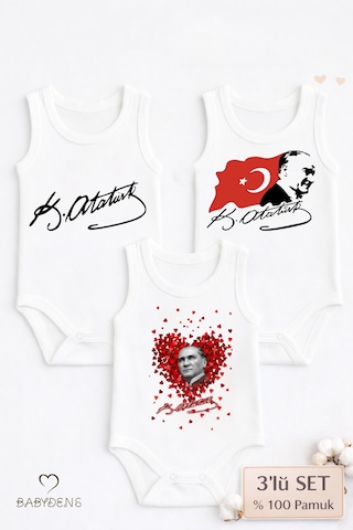 Babyden's 3 Lü Atatürk Temalı Bebek Body Seti %100 Pamuk Kolsuz Çıtçıtlı Zıbın Yenidoğan & Bebek Body Takımı Beyaz
