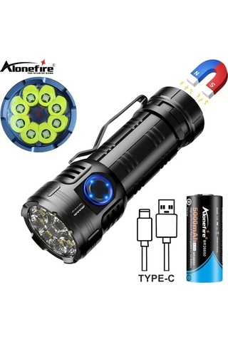 Xuweiwei Alonefire X68s Siyah 8x Led 6500k Xpg Yüksek Güç El Feneri Usb Şarj Taşınabilir Manyetik Kırmızı Uyarı 26650 Pil Açık Hava Yürüyüş Lambası Siyah