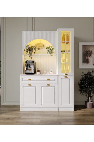 Guneystore Armoni Gold Midi Kahve Köşesi Sağ Vitrinli Komple Mdf Beyaz