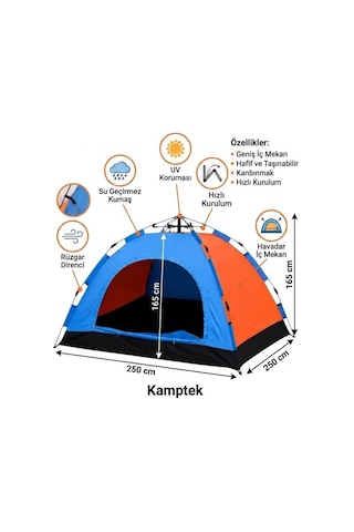 Kamptek Outdoor 8 Kişilik Otomatik Kurulum Kamp Doğa Deprem Acil Durum Çadırı 250x250x165 Cm Çok Renkli