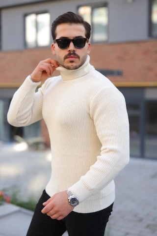 Defymoda Erkek Boğazlı Örme Kazak Açık Krem