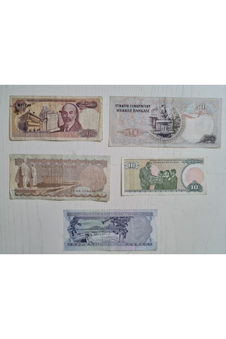 5 Adet Eski Dönem Yerli Banknot Para. 5 10 20 50 Ve 100 Türk Lira