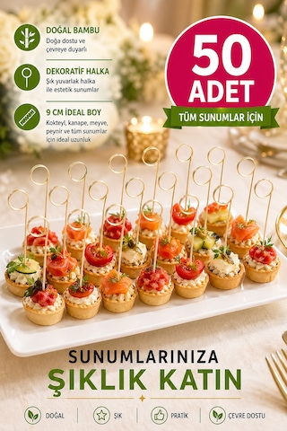 50 Li Pkt 9 Cm Dekoratif Yuvarlak Bambu Kürdan - Kokteyl Kürdanı Parti Sunum Kürdan Seti