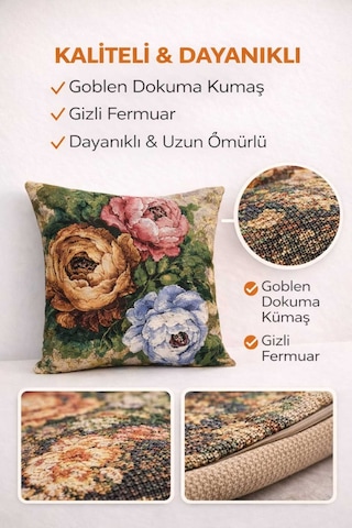 Goblen Üç Çiçek Desen Kırlent Kılıf Renkli