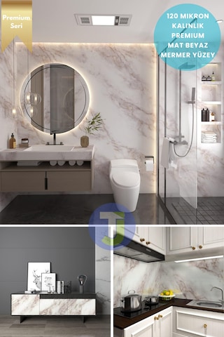Technojet Kendinden Yapışkanlı Mermer Desen Folyo Mutfak Banyo Tezgah Duvar Kaplama 60cmx100cm Beyaz2