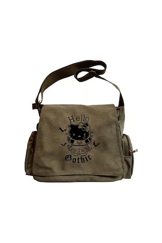 Hello Gothic Baskılı Unisex Yeşil Postacı Çantası