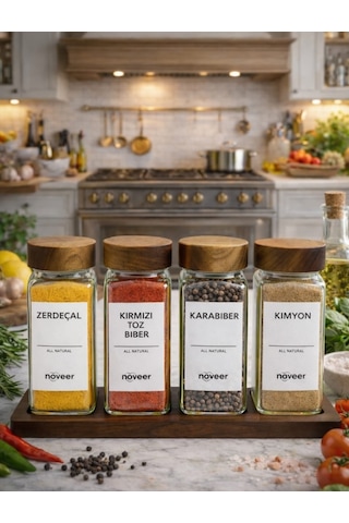 Bambu Kapaklı Standlı 4'lü Cam Baharatlık Seti 120 Ml Kare Tasarımlı Ahşap - Şeffaf