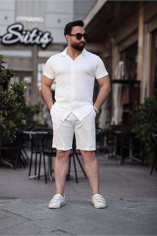 Mfz Giyim Beyaz Renk Ottoman Kumaş Slim Fit Erkek Şort - Gömlek Alt Üst Takım