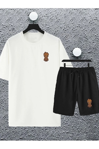 Adrift Unisex Marvel Groot Baskılı Oversize Tshirt Ve Şort Eşofman Takımı Beyaz