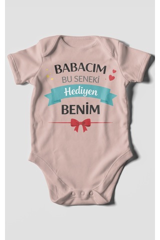 Morivokids Babacım Bu Seneki Hediyen Benim Kısa Kollu Bebek Body %100 Pamuk Pastel Pembe