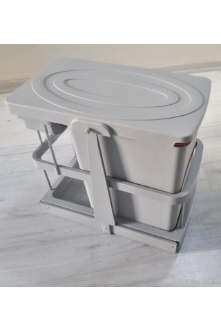 Çelik Ayna Teleskopik Raylı Dolap İçi Çöp Kovası+poşetlik 16+1 Litre Gri