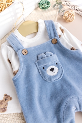 Fiğürlü Kışlık Kadife Erkek Bebek Salopet Tulum Set mavi