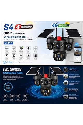 Joysee S4 12mp 4 Kameralı 4g Solar Sim Kartlı Ptz Ip Sesli Akıllı Güvenlik Kamera + 12gb Sım Kart He