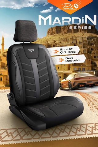 Siyah - Gri Panda Mardin Serısı Keten Kumaş Oto Koltuk Kılıfı - Tam Set