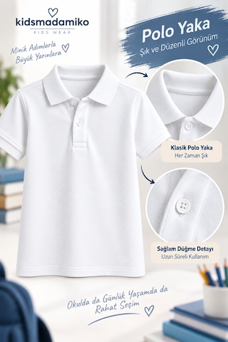 Kidsmadamiko Erkek Çocuk Kısa Kollu Okul Polo Yaka T-shirt 5-17 Yaş Bedenler Yaşlarla BEYAZ