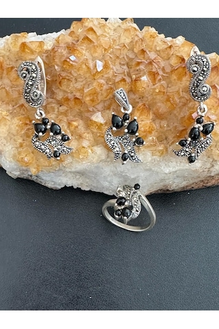 Aysesa Otantik Oniks Taşlı Kadın Gümüş Set 2küpe+kolye+yüzük 925 Ayar