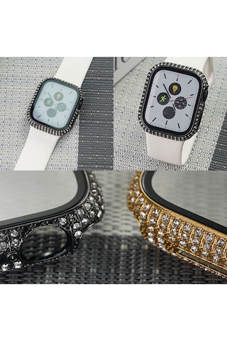 Watch 7 45mm Sbt Watch Gard 24 Kenarları Taşlı Sert Pc Kasa Ve Ekran Koruyucu - Rose Gold