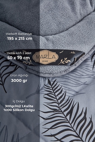 Marla Home Palm Gri Desenli Çift Kişilik Çift Taraflı Wellsoft Yorgan Seti - Gri - 195x215
