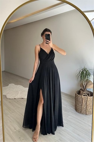 Neşeli Butik Kadın Işıltılı Askılı Yırtmaç Detayı Şifon Abiye Elbise Nm002 Siyah