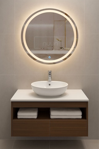 Aurora 60cm Banyo Dolabı Seti Yuvarlak Ledli Dokunmatik Ayna + Mdf Lavabo Dolabı + Seramik Lavabo Ceviz - Beyaz