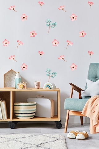 Pembe Çiçek Temalı 20 Parça Çocuk Ve Bebek Odası Dekoratif Duvar Sticker Seti Figür 2