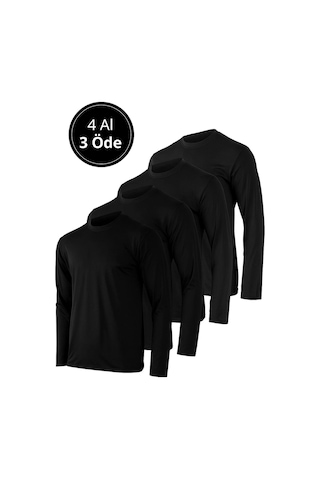 Rich Erkek Siyah 4'lü Paket Basic Uzun Kollu Tişört Sporcu Body T-shirt Siyah