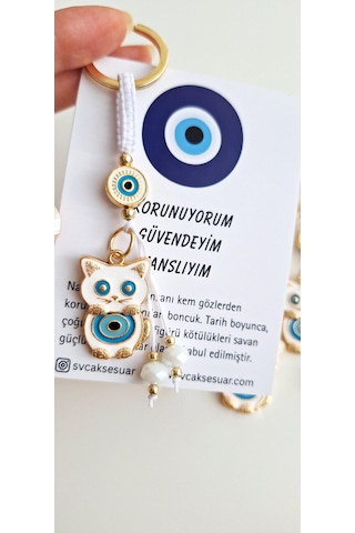 Hediyelik Pamuk Kedi Nazar Boncuku Anahtarlık - Beyaz - 11 Cm