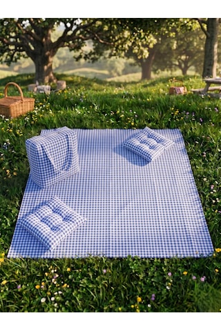 Pötikare Desenli - 170x170 Cm - Saks Mavi Renk Çantalı Piknik Örtüsü Ve 2'li Minder Seti - Kamp Örtüsü