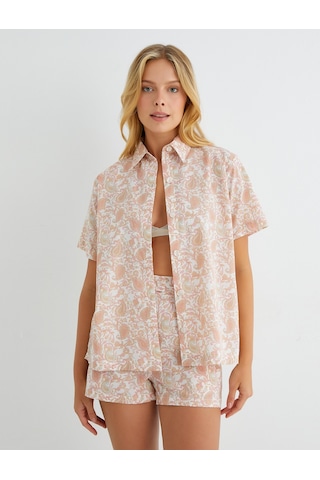 Koton Pijama Üstü Kısa Kollu Gömlek Yaka Düğmeli Pamuklu Pembe Desenli 3slk50019mw 3SLK50019MW2D8 Pembe