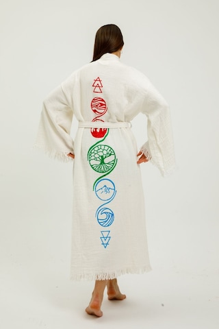 Befera Müslin Kimono Pamuklu Hayat Ağacı Baskılı Desenli Bornoz Kaftan Sabahlık Beyaz