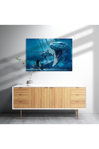 Cakasepetim Megalodon Büyük Beyaz Köpek Balığı Ve İnsan Ahşap Mdf Tablo