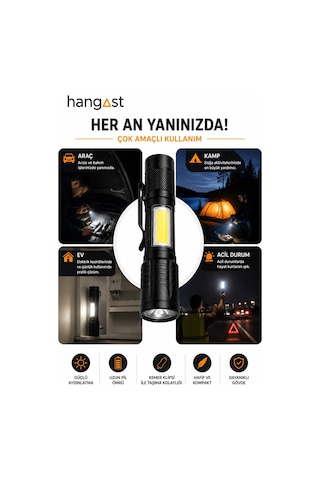 Şarjlı Led El Feneri 2500 Lumens Cob Yan Aydınlatmalı 5w Usb Şarjlı Güçlü Taşınabilir Kamp Av Feneri Siyah