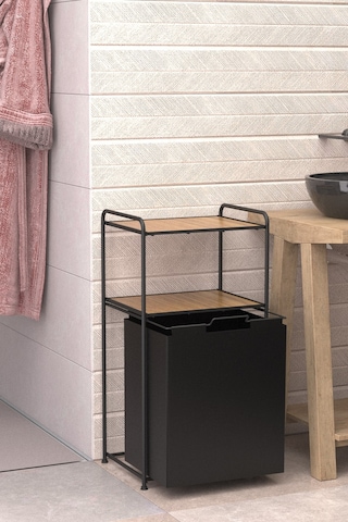 2 Katlı Çamaşır Sepeti Kirli Sepeti Ahşap Raflı Banyo Dolabı Banyo Düzenleyici Organizer Mat Siyah Mg100 Siyah