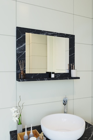 Makbulce Yakut Raflı Dresuar Banyo Aynası 60 x 45 Mermer Beyaz - Siyah