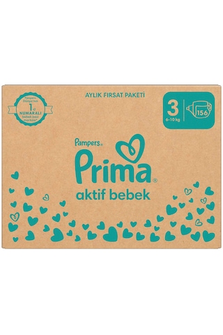 Prima Aktif Bebek 3 Beden Midi Bebek Bezi Aylık Fırsat Paketi 156 Adet