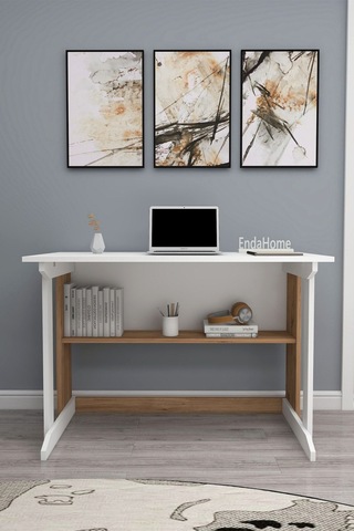Enda Home Pillar Kütüphaneli Geniş Çalışma Masası 100x56 Cm Çam - Beyaz