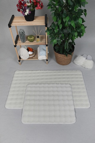 Modern Bubble Yıkanabilir Kaymaz Peluş Banyo Paspası Halısı 2'li Klozet Takımı 50x80-50x40cm Krem