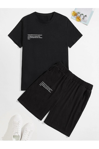 Siyah Power And Happiness Baskılı Şort T-shirt Takım Siyah