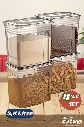 4lü Ekonomik 3,5 Litre Strip Mega Boy Un, Erzak, Bakliyat Saklama Kutusu Antrasit Antrasit