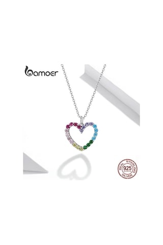 Bamoer 925 Ayar Gümüş Gökkuşağı Renkli Kalp Desen Aşk Göz Kamaştırıcı Zirkon Kolye Zincir Bağlantı Kadınlar Takı İçin