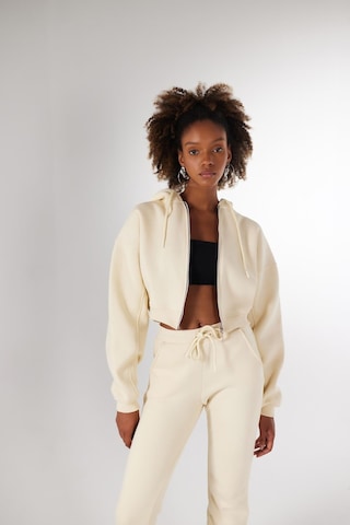 Holly Lolly Kadın Bej Kapüşonlu Uzun Kol Fermuarlı Crop Mixed Sweat