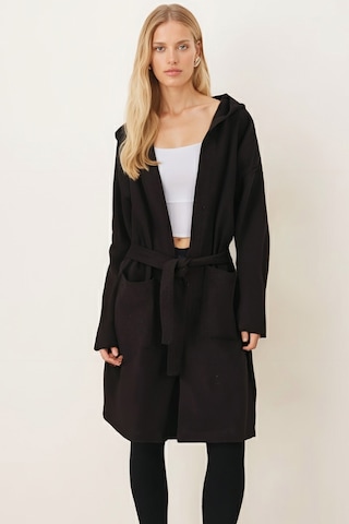 Armonika Kadın Kahve Beli Kuşaklı Cepli Kapüşonlu Oversize Kaşe Kaban Arm-26k001025