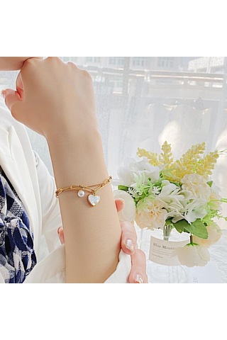 Gül Altın Opk Çift Katlı Aşk İnci Paslanmaz Çelik Bileklik