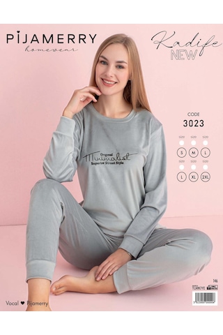 Pijamerry Kadın Kışlık Bisiklet Yaka Kadife Pijama Takımı 3023g - 1 Adet Gümüş