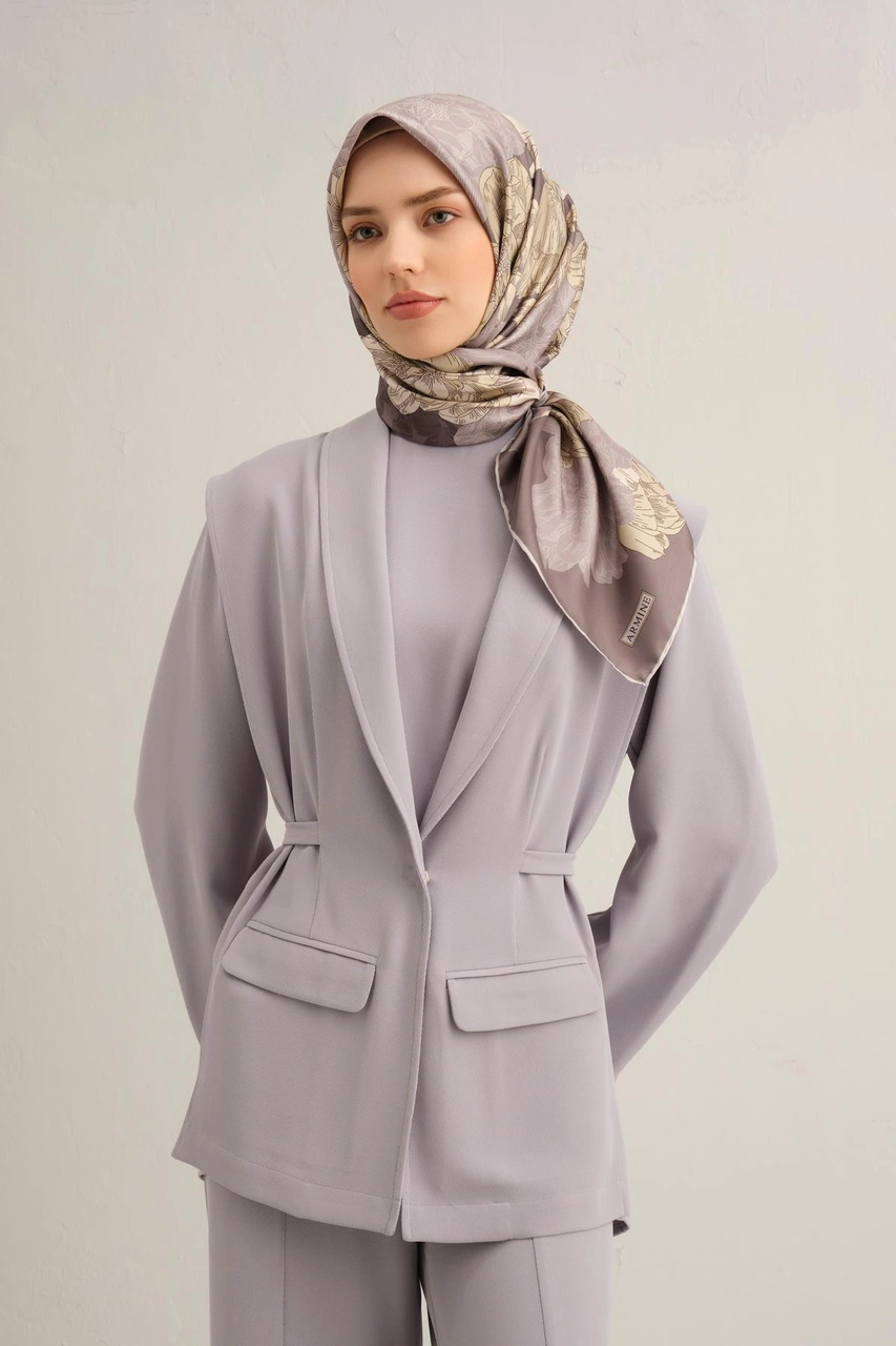 Armine Çiçek Desenli Saf İpek Twill Eşarp 9330d 35 Gri