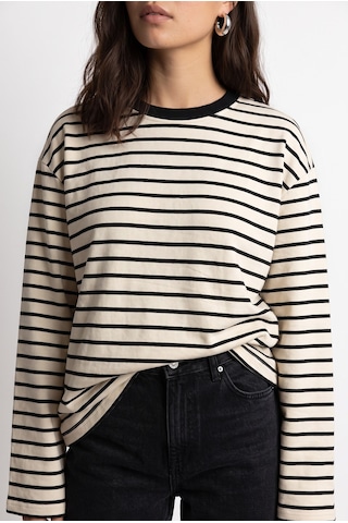 Mixray 2236 Çizgili Bisiklet Yaka Uzun Kol Oversize Sweatshirt Siyah