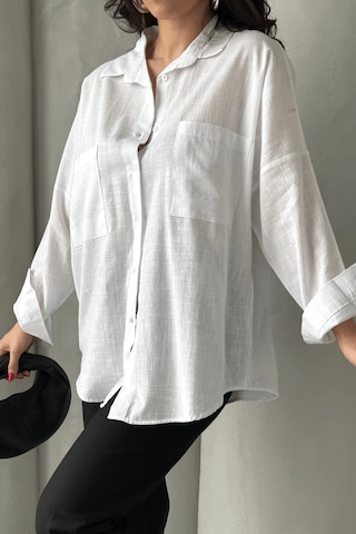 Paw Garage Kadın Harper Çift Cepli Oversize Keten Gömlek, 2025 Summer Collection Beyaz