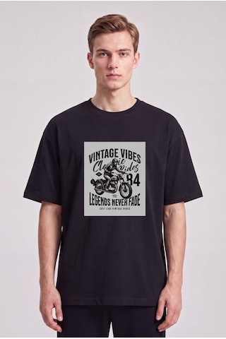 Black Nova Oversize Baskılı Unisex %100 Pamuk T-shirt Vintage Legends Siyah