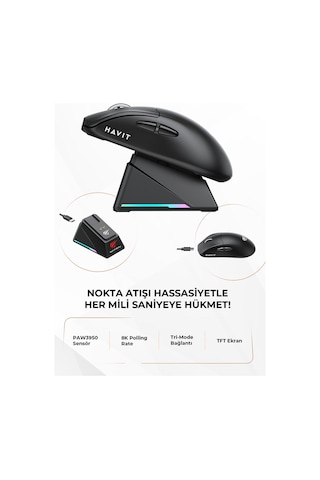 Havit Gamenote M5 Pro Superlight Kablosuz Gaming Mouse - 30.000 Dpı, Paw3950 - Rgb Şarj Standlı - Ekranlı